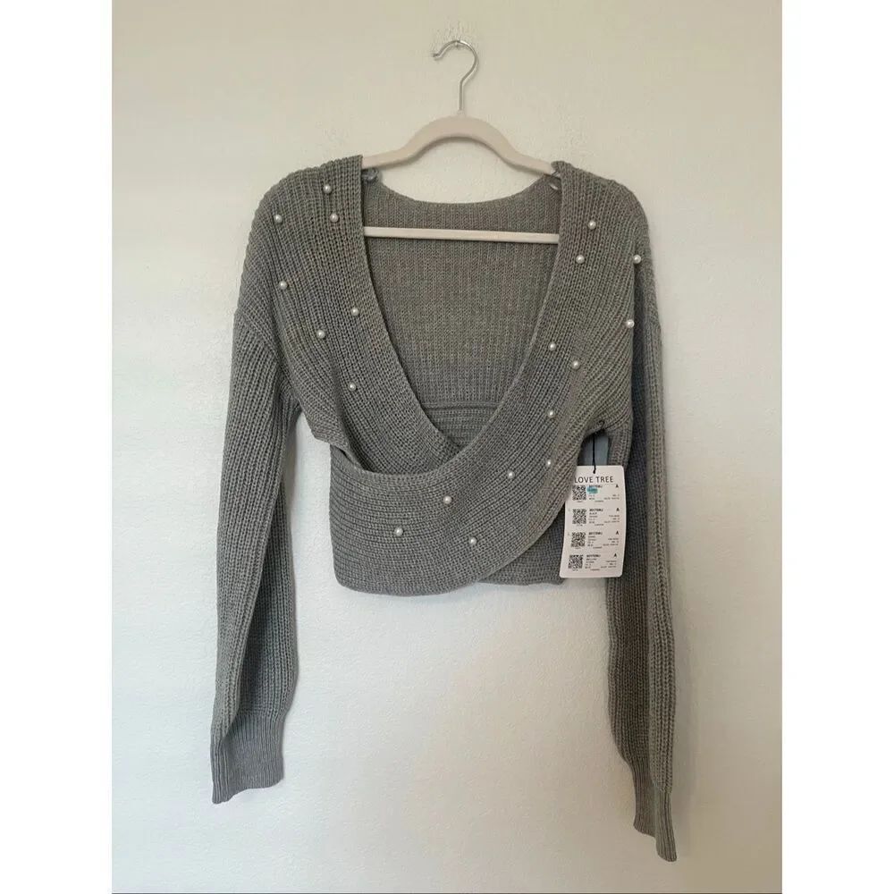 Women's Pearls Beaded Crossover Drop Shoulder Sweater NEW NWT